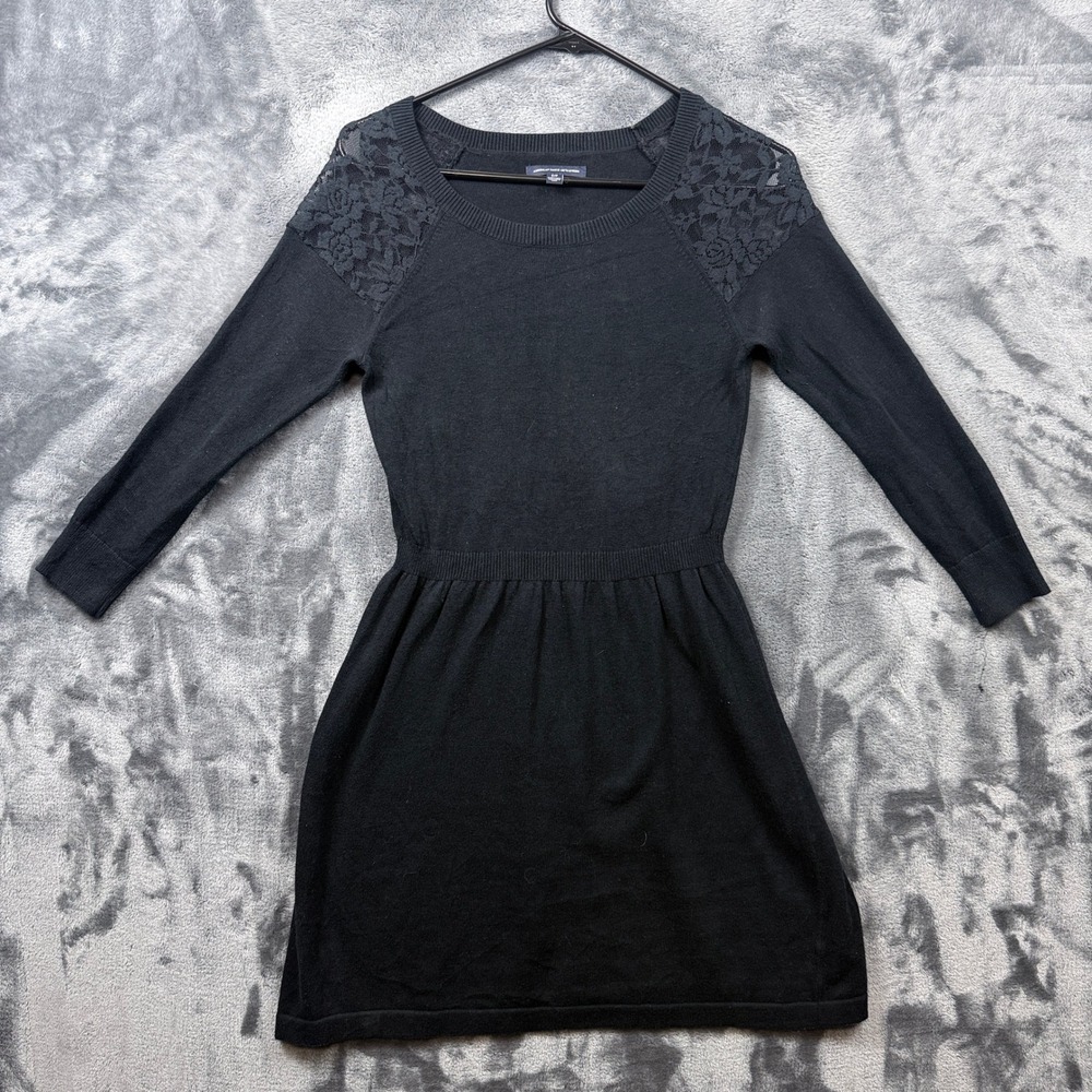 American Eagle Sweater Dress Womens S Black Lace Shoulder Long Sleeve Mini Knit